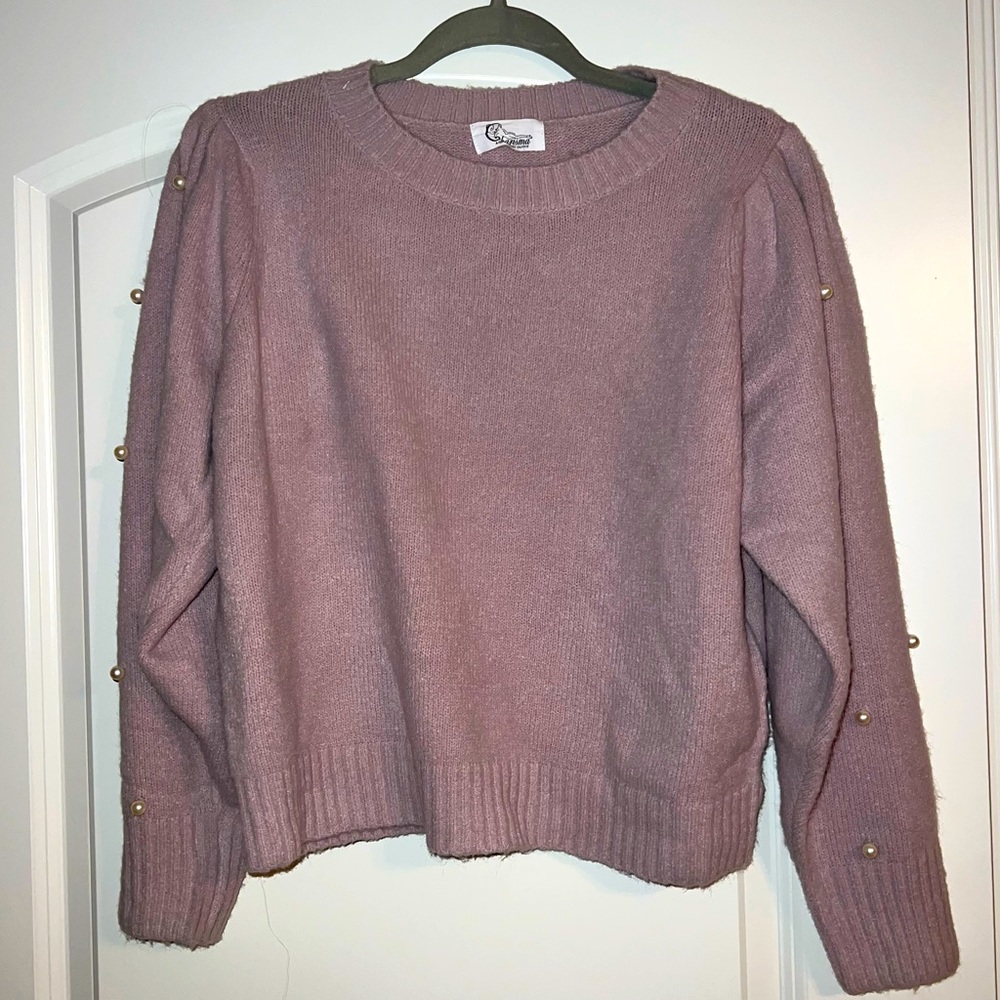 light purple sweater with pearls